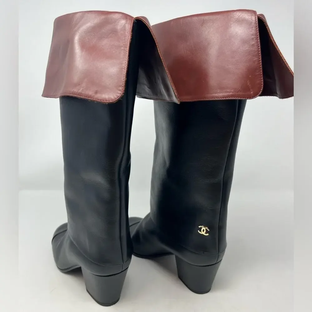 Chanel CC Cap Toe Fold Over Riding Boot Black Brown Leather Block Heel size 38.5